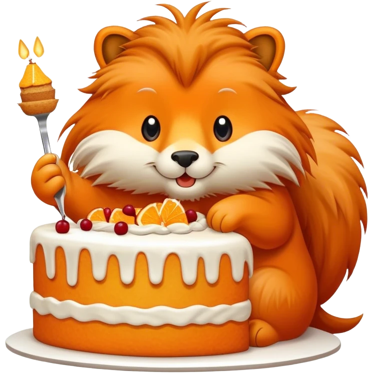 a big kind orange coloured animal with very long fur eats a huge piece of cake emoji