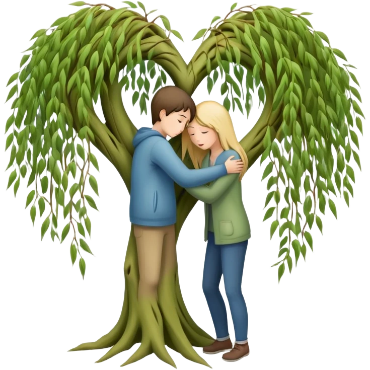 heart-shaped weeping willow tree with two people inside giving each other a comforting, caring, supportive hug, not romantic, with a small heart above them emoji