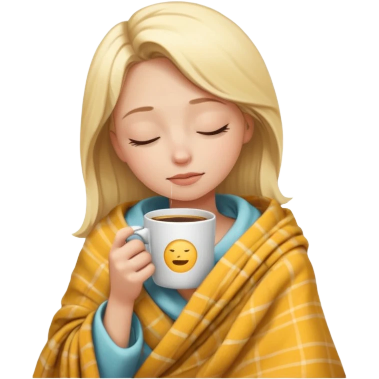 blonde girl wrapped in a blanket, sipping coffee, eyes closed, peaceful emoji style emoji