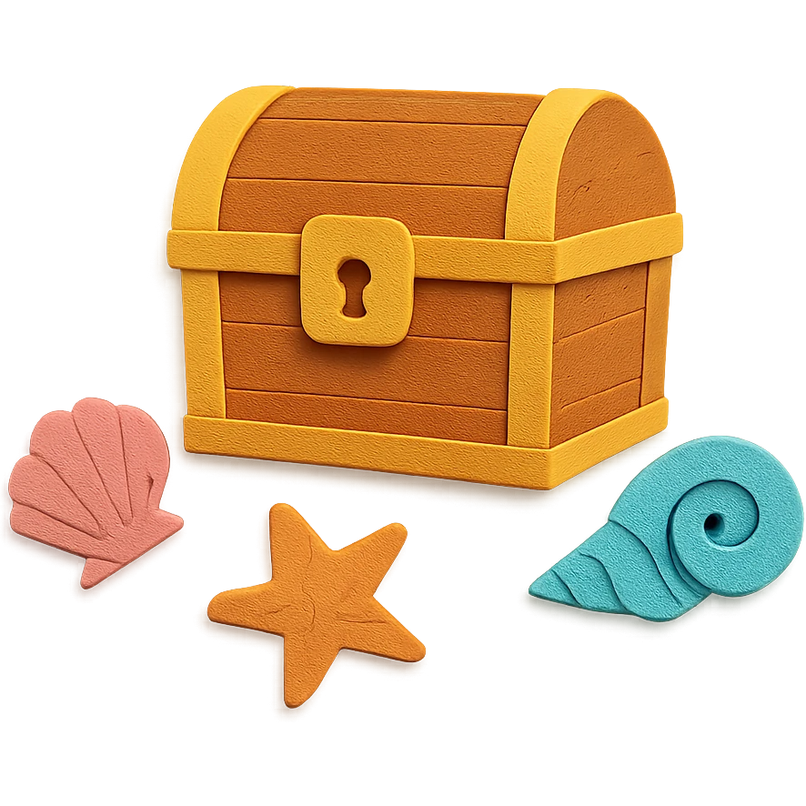 closed treasure chest with a lock, surrounded by seashells and starfish in paper-craft style emoji