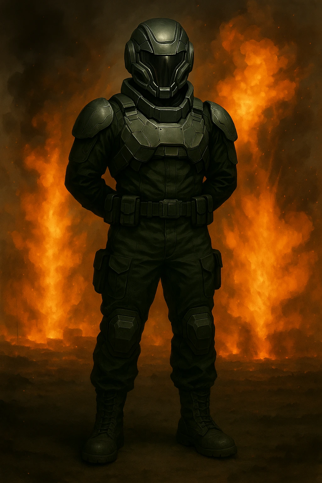Add a sci-fi helmet to the man, keeping the dark green military fatigues and warzone background with explosions and flames. The style should maintain a realistic and intense warzone atmosphere with detailed explosions and flames in the background. emoji