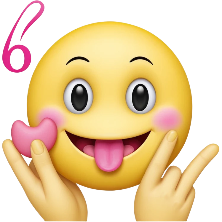 The image is a digital illustration of a yellow smiley face with big, round eyes and a big smile. The face is holding a pink tongue sticking out and making a 67 with its fingers. Above the face, The background is white. Like this but get rid of the text but make the hands do the numbers 67 emoji