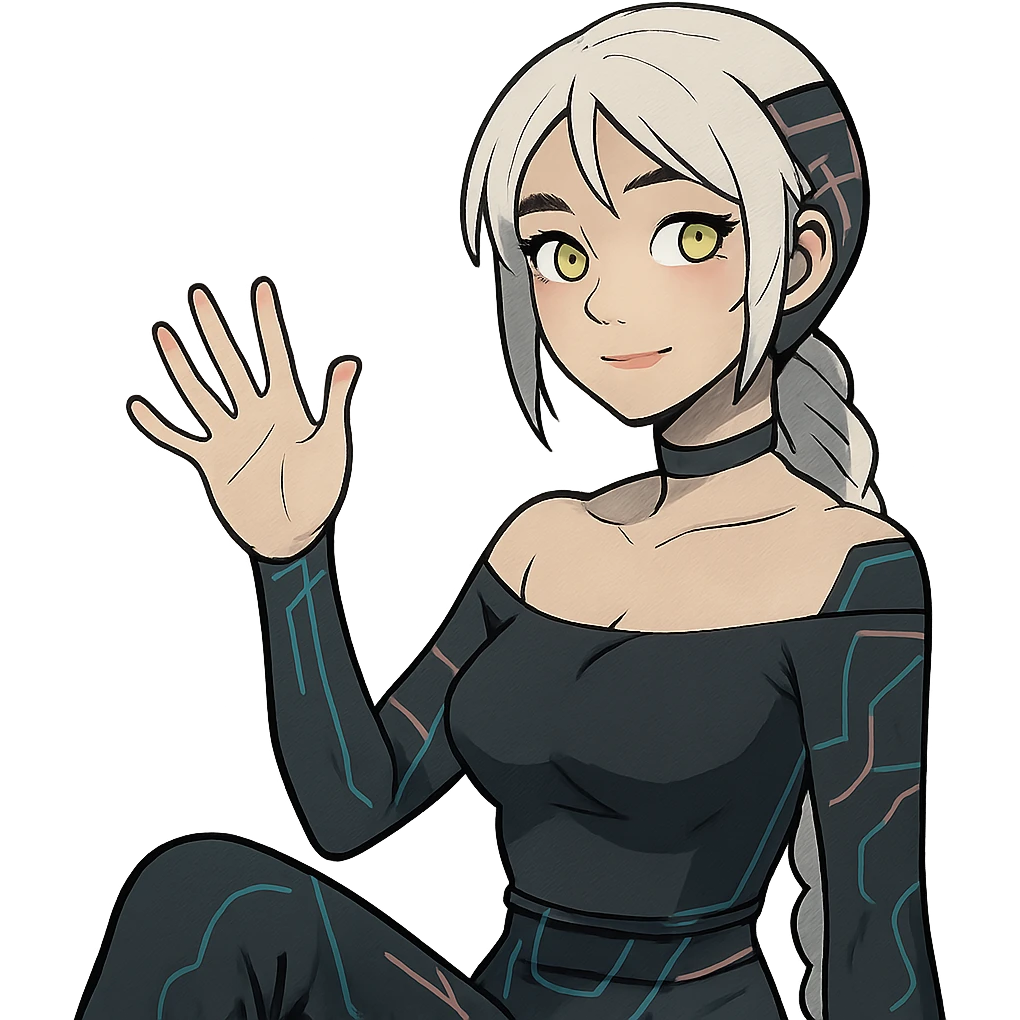  she is waving hello greetings, a closeup portrait of young woman with gold yellow eyes, white hair, long braid, black off-shoulder top d-cup, punk gothic style, futuristic cyberwave cyberpunk, sitting position
 emoji