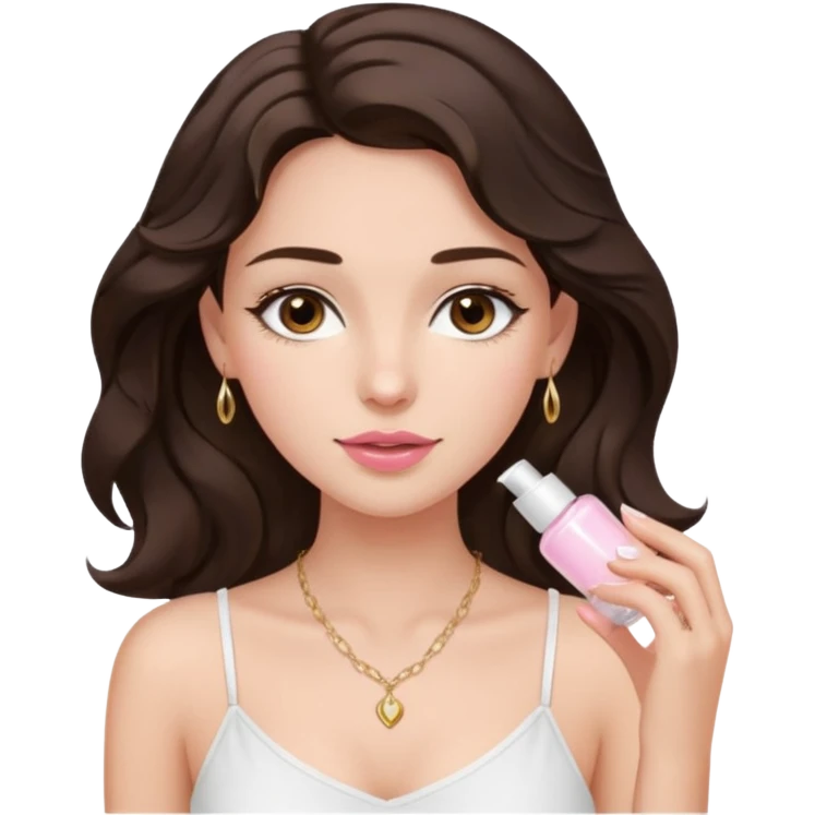 generate a pretty fair bratz girl with dark brown eyes. Dark brown hair wavy hair. light pink lipgloss. white cami top. doing skincare. Dainty gold necklace emoji