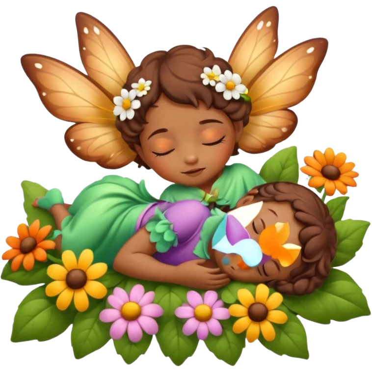 Brown skinned fairy baby sleeping on flowers emoji