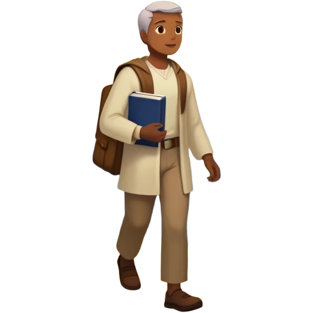 A man walks from darkness and inner conflict toward a glowing light in his chest, guided by intuition. Along the path, he passes through ambition and emptiness, then reaches a radiant mountaintop where healing transforms him into a fulfilled guide, holding a book and offering his hand to others. emoji