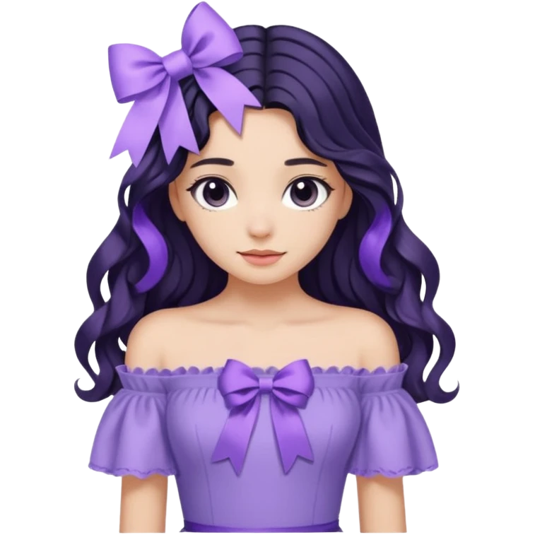 Girl with black wavy long hair and a ribbon hair clip beside it make it look like wearing a lavender off shoulder  emoji
