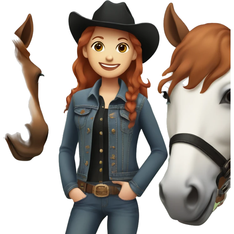 Girl with short red hair, with brown eyes, smiling, wearing a denim jacket and black shirt and brown cowgirl hat, next to her brown horse that has a white spot on her forehead. emoji