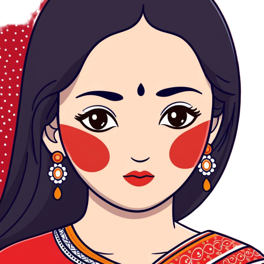 White girl with long oval shaped face, large almond shaped eyes with long eyelashes, long straight black hair falling in front of her bare shoulders, face closeup, with intricate patterned red and white gopi dots in a decorative design above eyebrows emoji