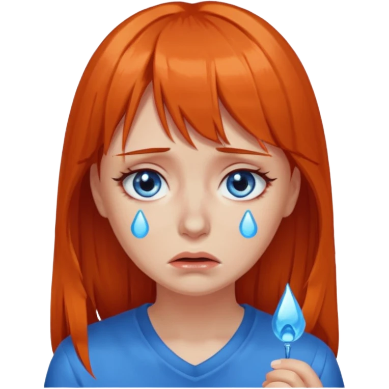 A woman with dark orange hair and bangs, blue eyes, an asmr streamer, crying, emoji