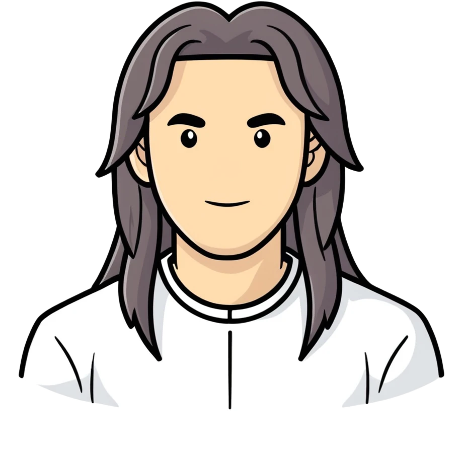 Genera a un hombre moreno de cara redonda y pelo largo con un mechon blanco emoji