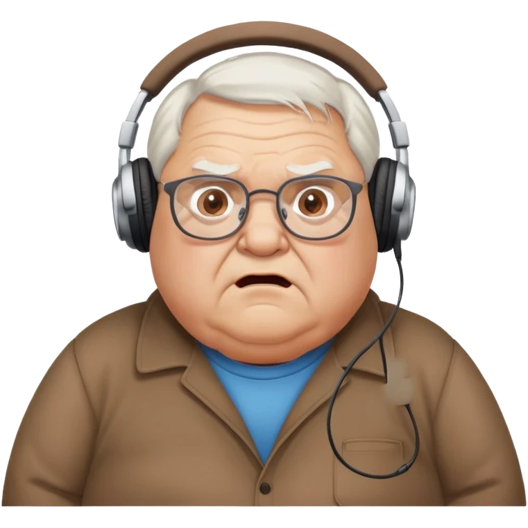 Very chubby brown old man with medium white hair, wearing glasses and headphones, looking surprised and angry, no facial hair, round full cheeks, double chin, looking to the upper left corner emoji