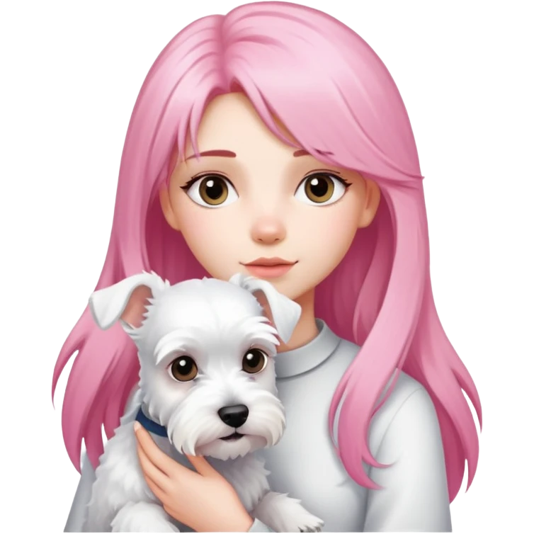 Girl with long pink hair holding a white schnauzer dog emoji