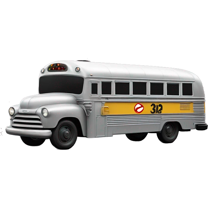 Side view shiny Graphite colored 1956 accessorized ghost busters school bus emoji