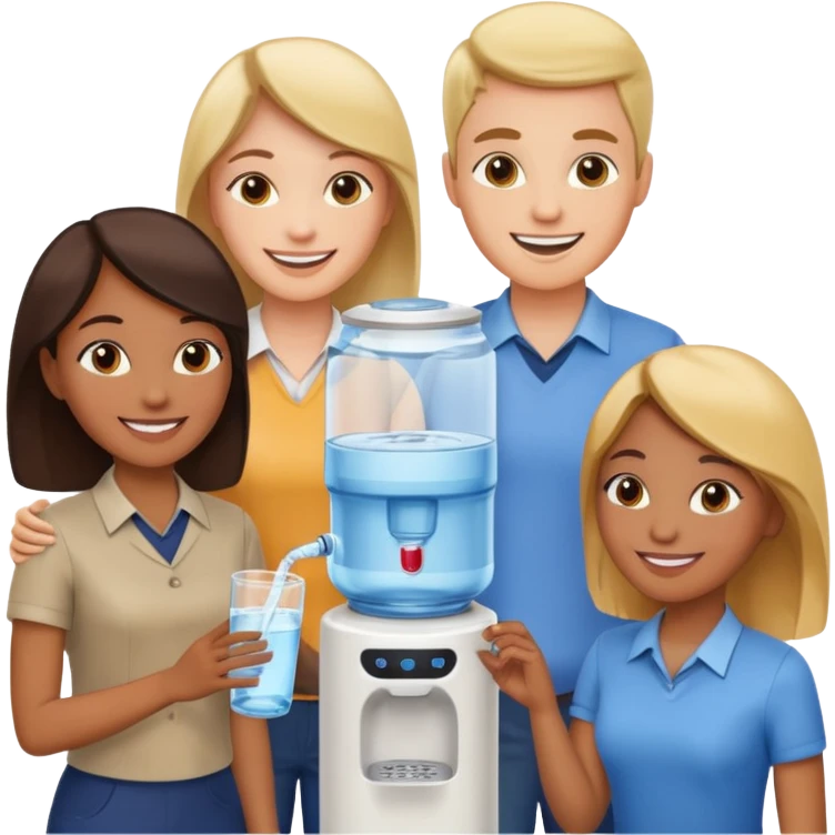 a group of 3 employees gathered around a water cooler, smiling and chatting emoji