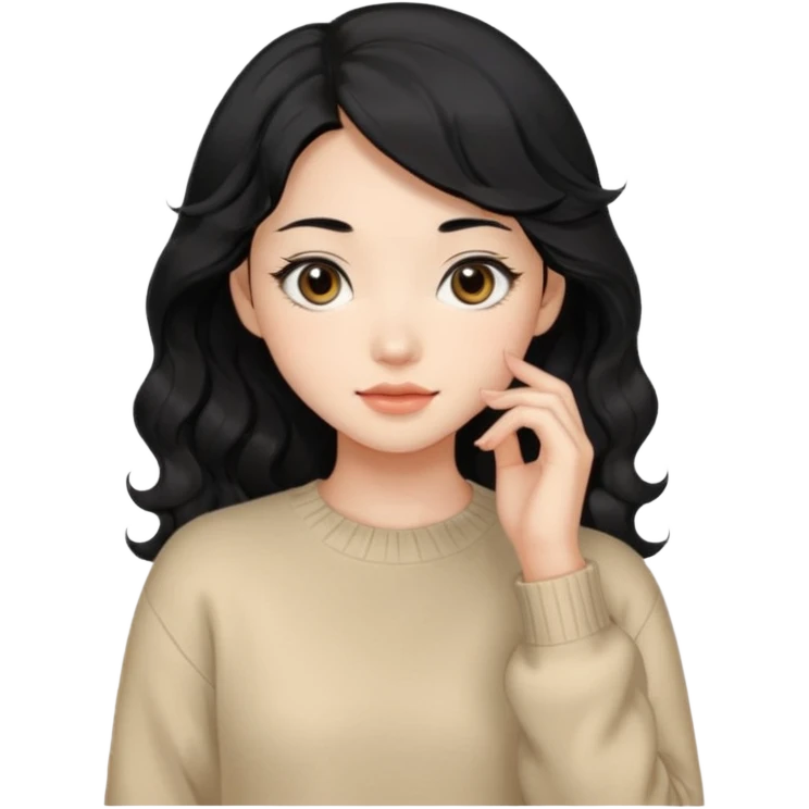 Beautiful girl,Black hair, wavy long hair,Black eyes,Chinese, beige sweater  emoji
