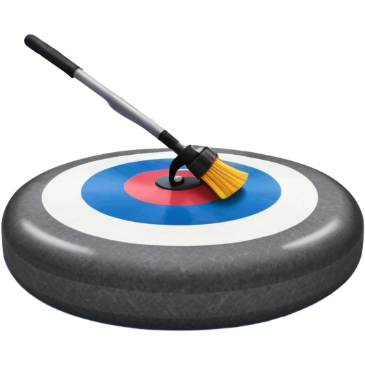 An icon featuring a curling stone in the foreground on an ice sheet with marked target circles. A curling broom rests nearby. In the background, a grand indoor stadium with bright lights and cheering fans. The ice reflects the vibrant colors of the surroundings. Transparent background. emoji