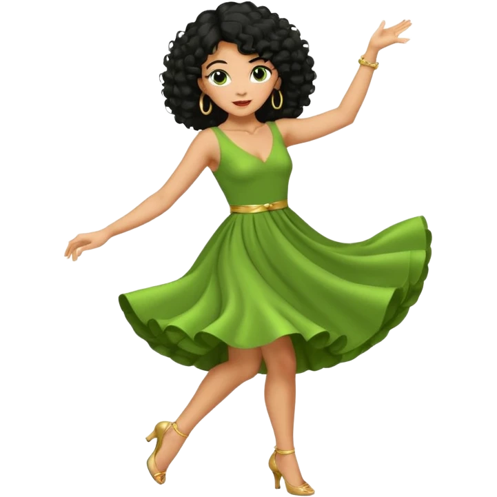 a woman with olive skin tone and curly black hair wearing green and dancing. full body, disco pose emoji