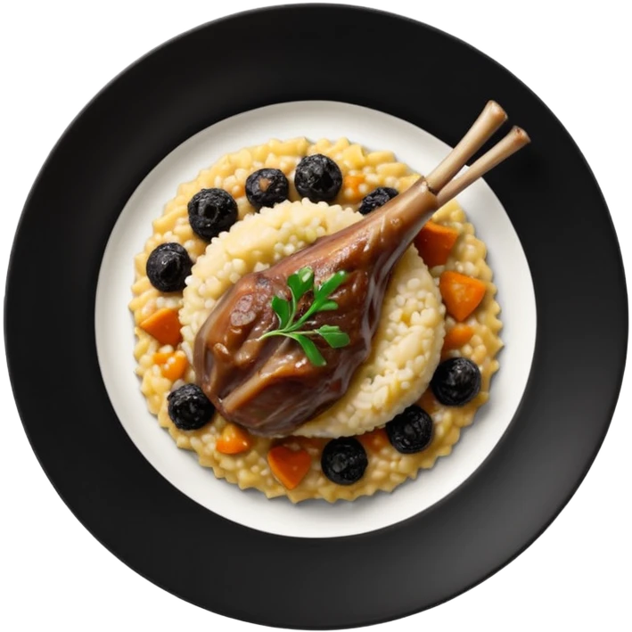 Lamb Shanks with Risotto Nero on a black plate, top view emoji