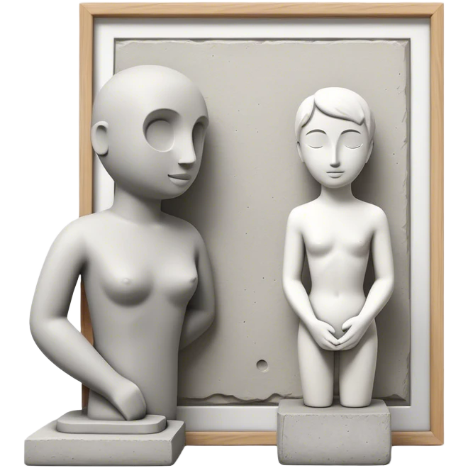 Plaster sculpture and concrete sculpture, small and large, standing side by side, simple and textured, sculpting tools nearby, minimalistic, on a white background, no extra details. emoji