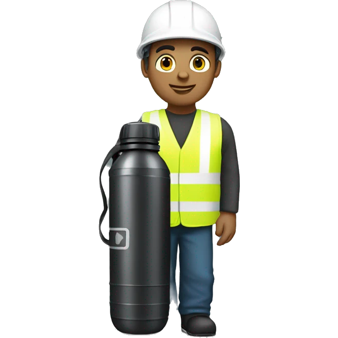 A standing engineer wearing white helmet and holding a black water bottle emoji