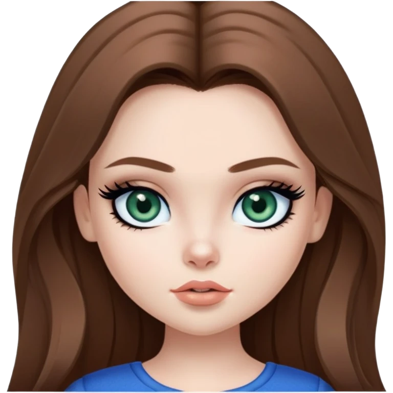 pretty bratz girl, long brown hair, dark green eyes, black eyeliner, pale skin, blue style emoji