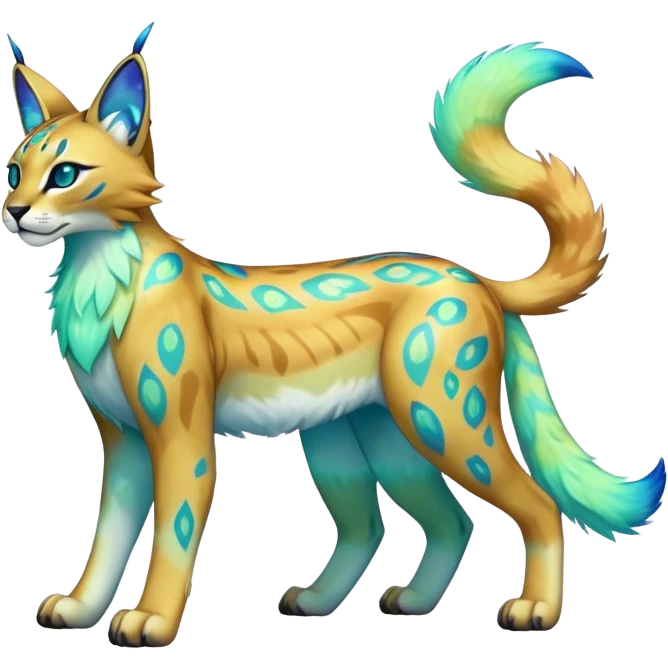 An iridescent transparent luminescent colorful fantasy-lynx-caracal-serval-fakemon-Digimon-creature-hybrid full body emoji