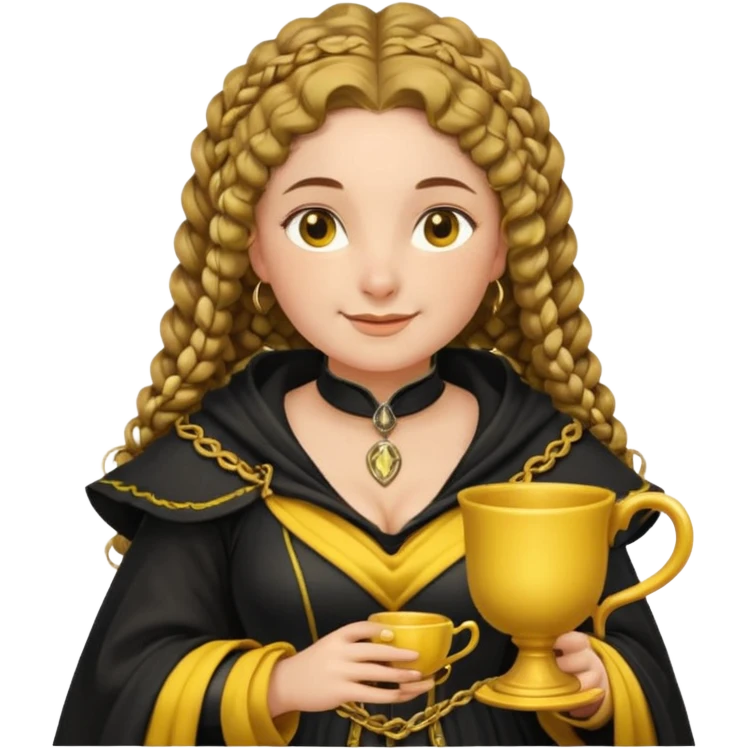 Helga Hufflepuff, 2 curly thick brown braids, yellow-black medieval dress, black cloak decorated with gold braiding, tiny two-handled shiny yellow-gold cup, very kind smile, curvy busty sweet woman, thick rosy cheeks emoji