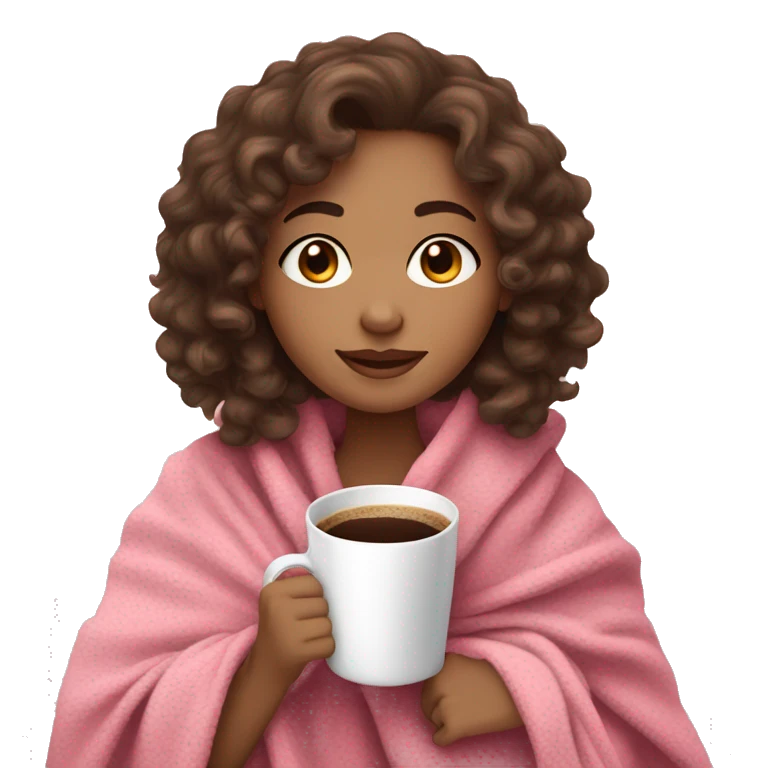 light skin Brunette girl with curly hair in a cozy pink blanket while drinking coffee emoji
