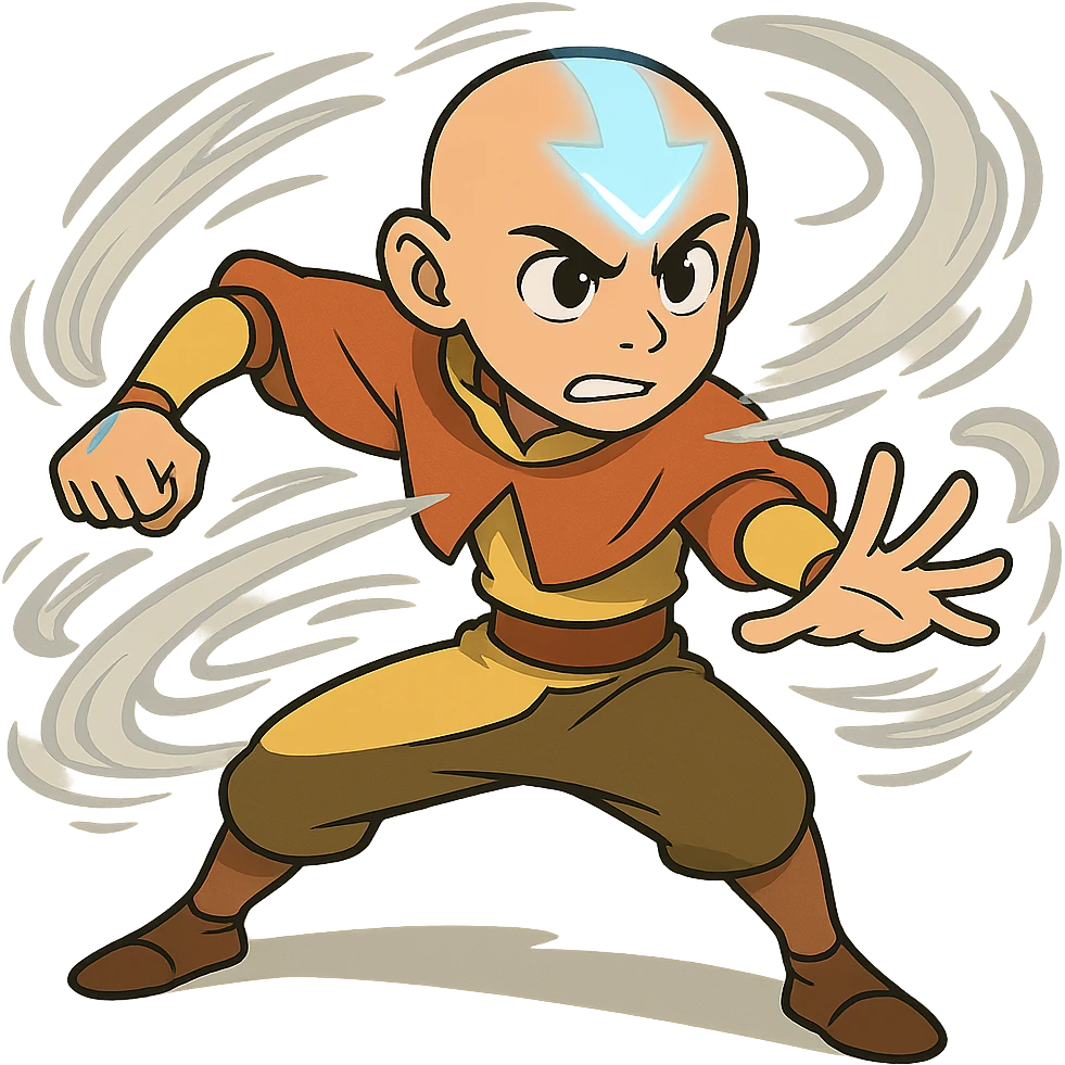 Avatar Aang, dynamic action pose, blue arrow glowing, swirling air, determined look emoji