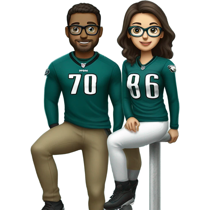 Dark brown hair female with glasses and male with light skin and light brown hair who are both eagles fan climbing up a pole emoji
