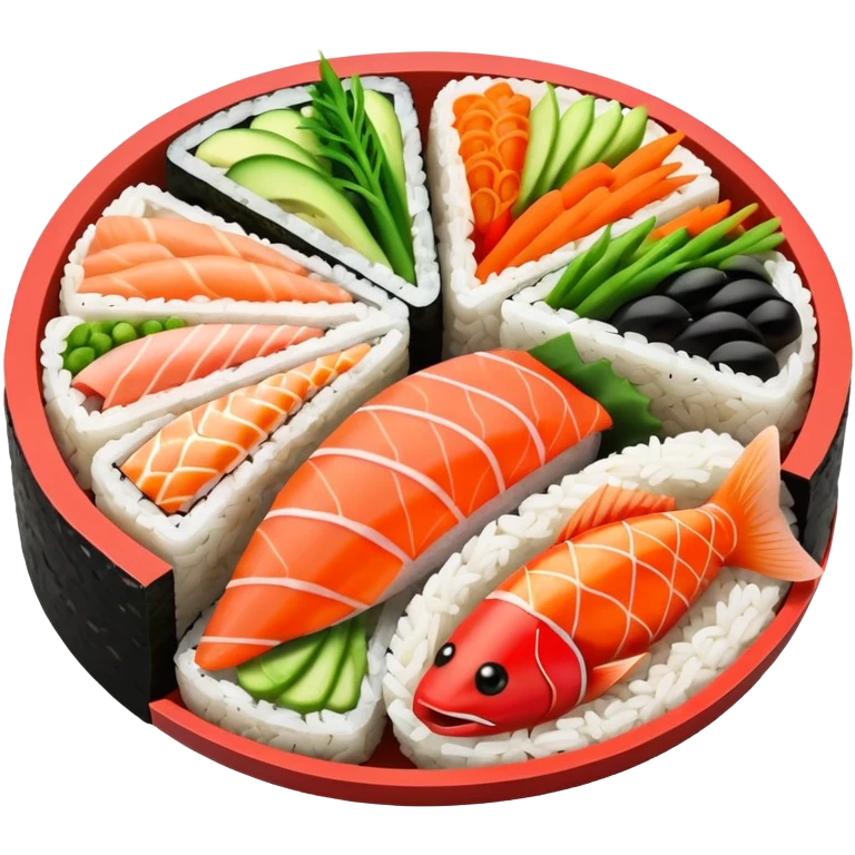 single round sushi maki cross-section, rice ring and colorful center emoji
