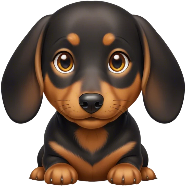 Cinematic Cute black and tan Dachshund Portrait Emoji, Head tilted playfully and inquisitively, featuring a glossy black and tan coat with a sleek sheen, round, sparkling brown eyes filled with curiosity, Simplified yet irresistibly adorable features, highly detailed, glowing with a warm, friendly glow, high shine, affectionate and spirited, stylized with a touch of whimsy, bright and endearing, soft glowing outline, capturing the essence of a mischievous yet loving pup, so playful it feels like it could dash out of the screen and into your arms! emoji
