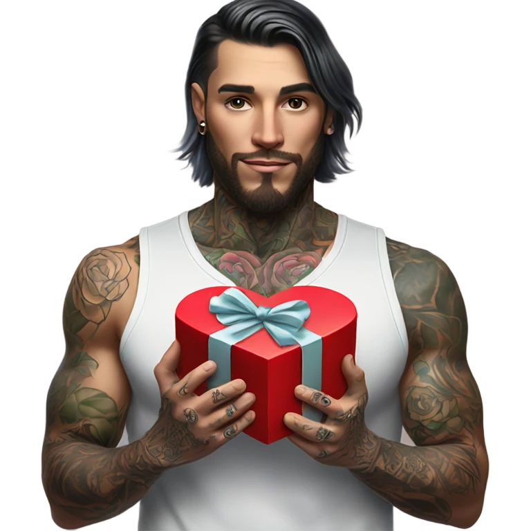 Hyper Realistic handsome tattooed man holding roses and a heart shaped gift box emoji