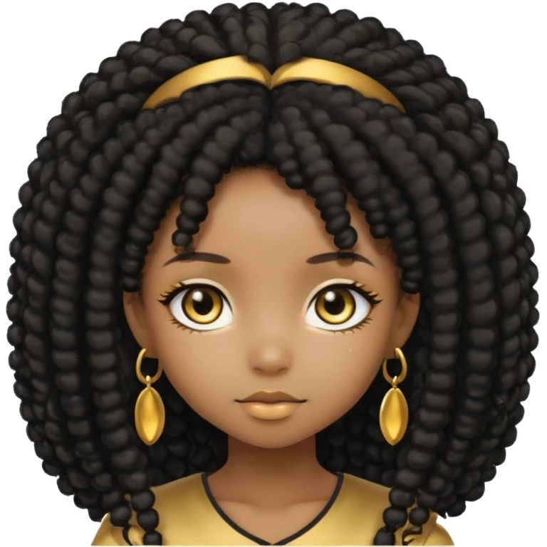 Create the same black chibi girl with long afro hair and beautiful gold eyes 20 times with different expression emoji