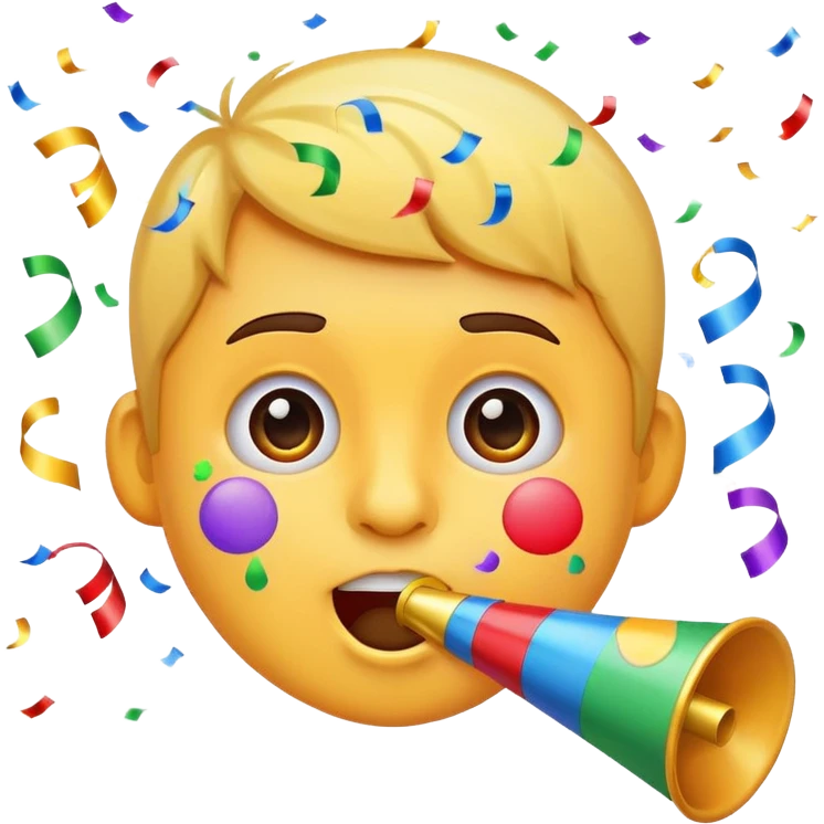 birthday face emoji, blowing a party horn, surrounded by confetti emoji