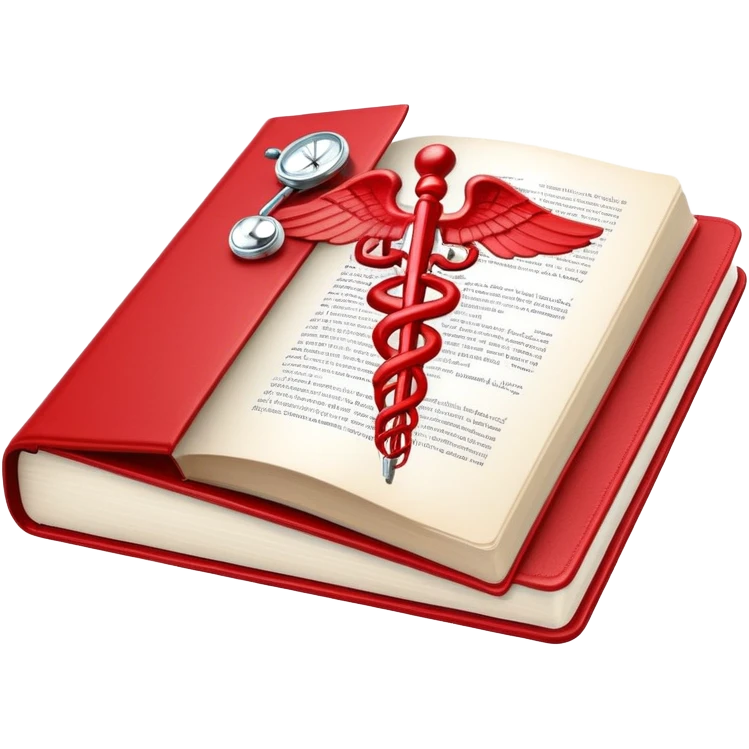 Medical textbook with red cover, caduceus symbol, open to a page showing anatomy emoji
