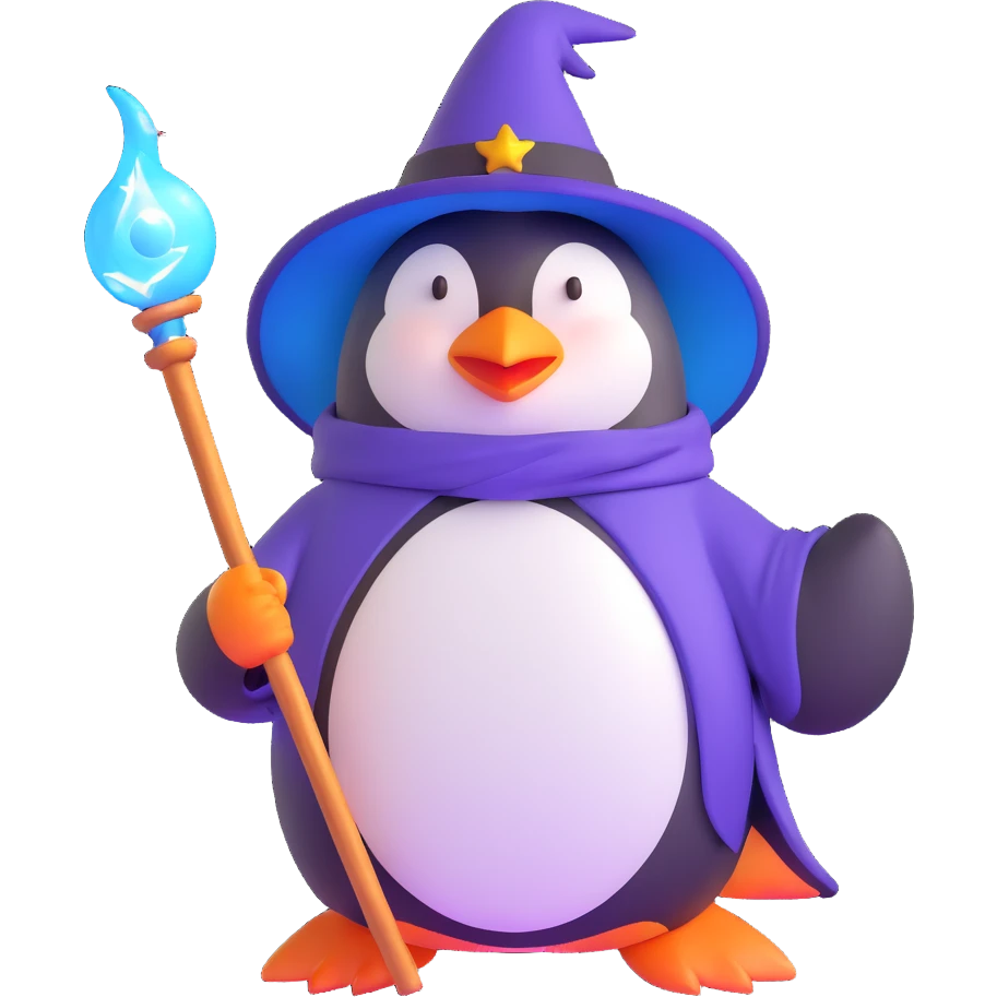 penguin wizard with a glowing staff and magical aura emoji