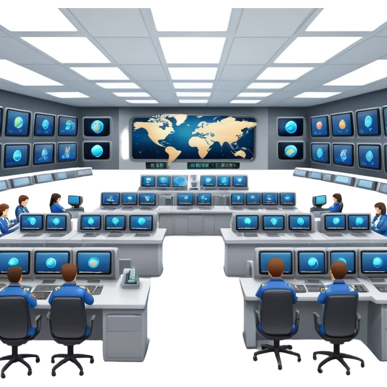 space mission control room with multiple screens and operators at desks emoji