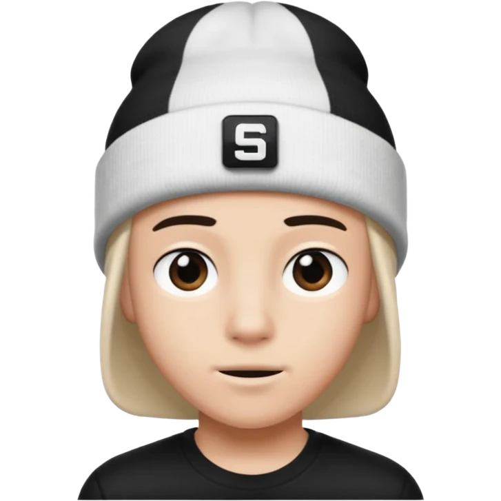 luca wearing a white beanie with a black square logo that says "Steven" on it
 emoji