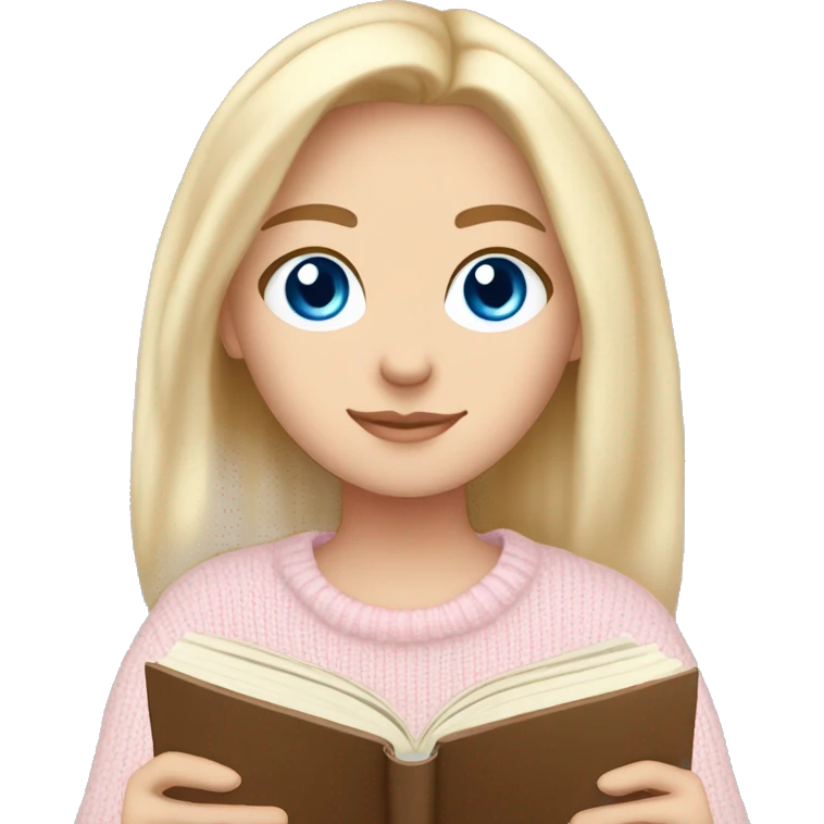 Pretty blue eyed white girl with light pink sweater reading cozy emoji