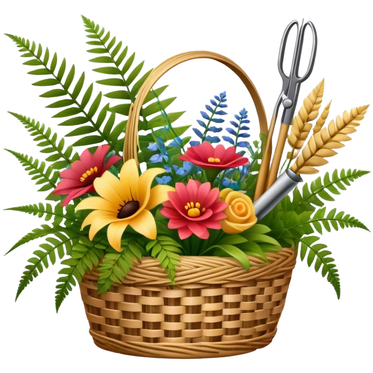 Emoji for Floristry: a bouquet of flowers in a woven basket, with reeds, ferns and floral arranging tools nearby, like scissors and a flower stem. The icon should represent creativity in flower design and arranging. Transparent background. emoji