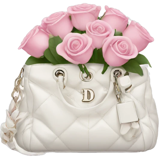 white dior bag with pink roses bouquet emoji