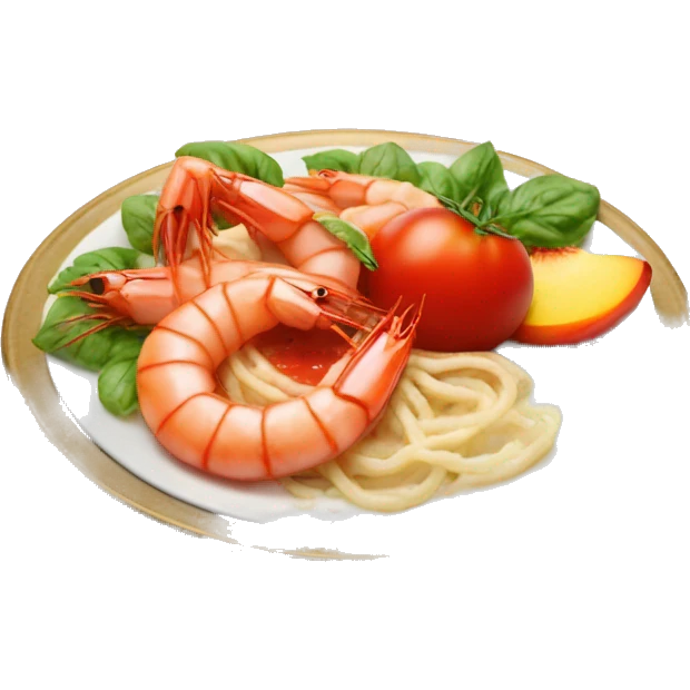 plate with tomato coulis; shrimps and peaches on top; in a plate emoji