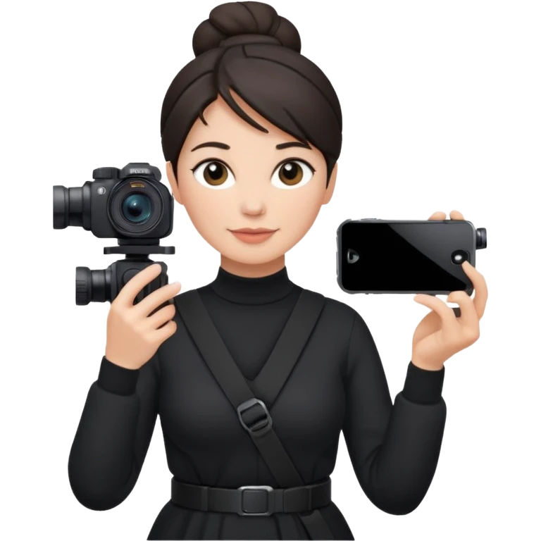 middle aged woman photographer with dark hair in a bun, wearing black clothes, carrying a canon r5 and an iPhone on a gimbal emoji