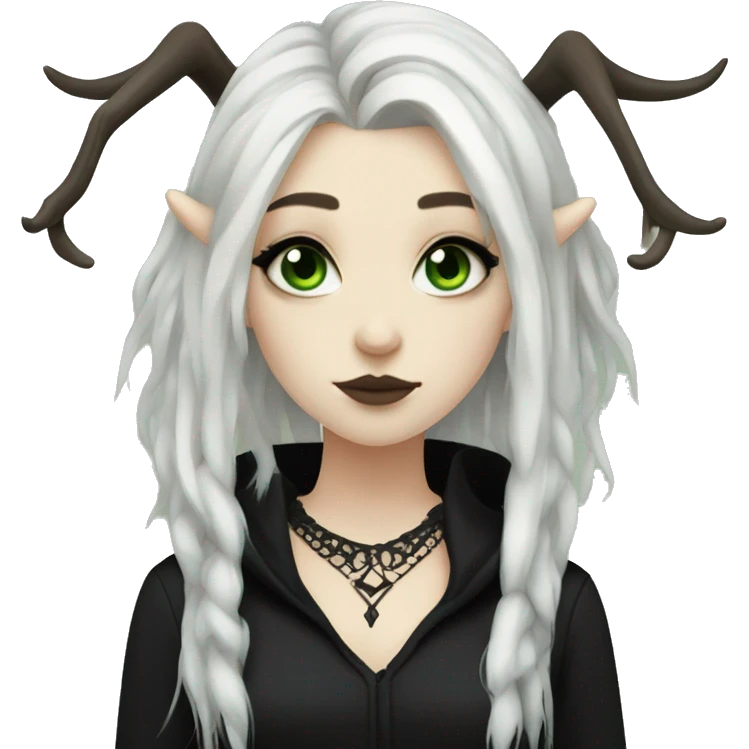 gothic girl, pale skin, green eyes, black dreads, bangs, black clothes, eyeliner, deer antlers  emoji