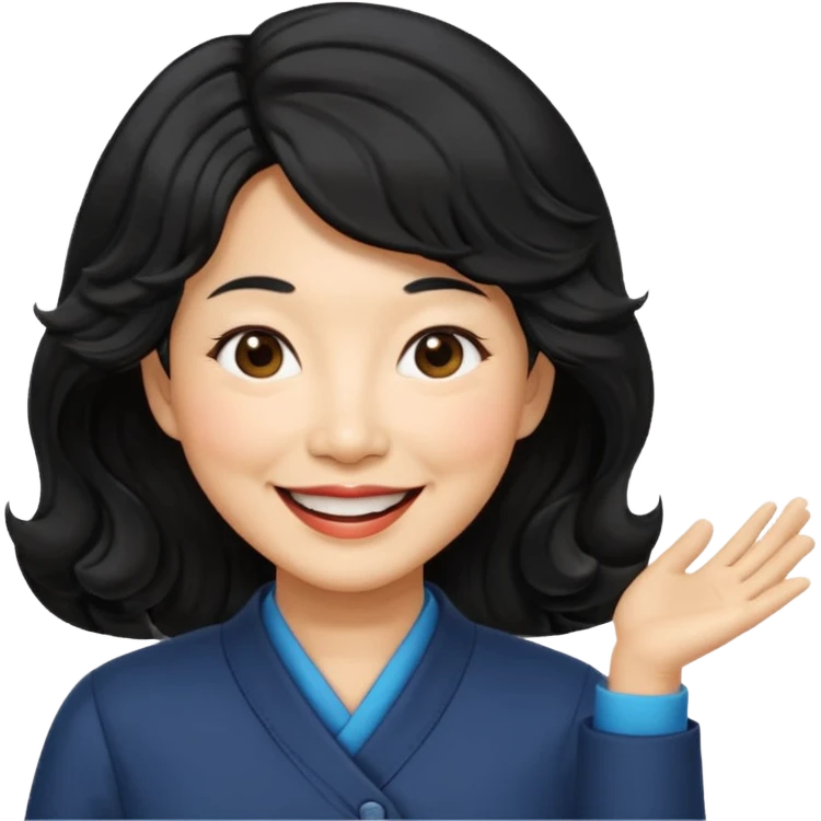 60 yr old asian woman, wavy thick black hair, side part, side swept bang, big smile emoji