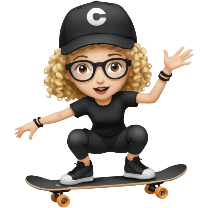 ["An excited girl with light skin, curly hair, wearing a baseball cap and square glasses, dressed in goth fashion, is skateboarding while holding a camera."] emoji