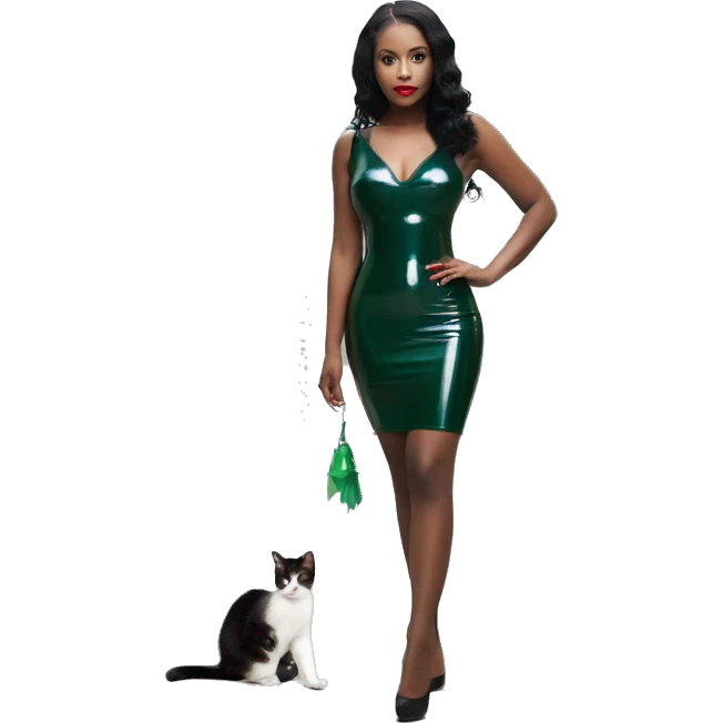 A pin skirt latex dark emerald dress on a female latin women with a kitten essence emoji