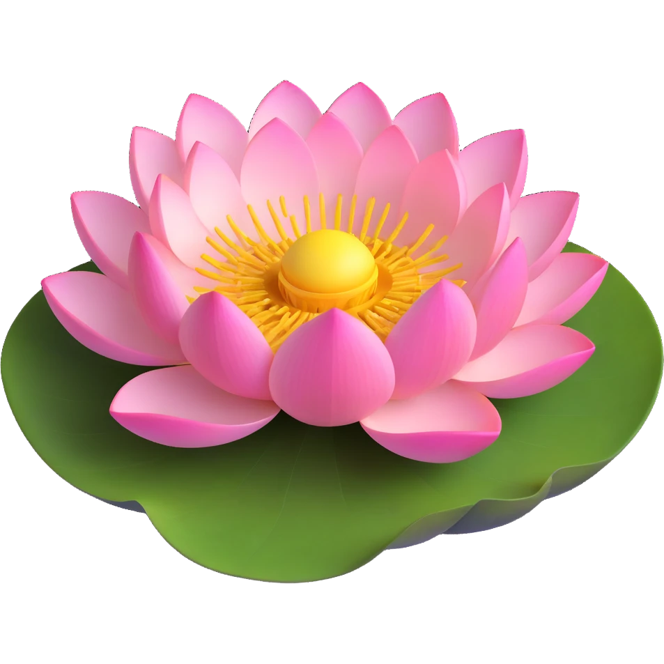 Detailed lotus flower with precise yellow seedpod center showing receptacle holes pattern, layered pink petals, and floating on botanically correct notched lotus leaf emoji